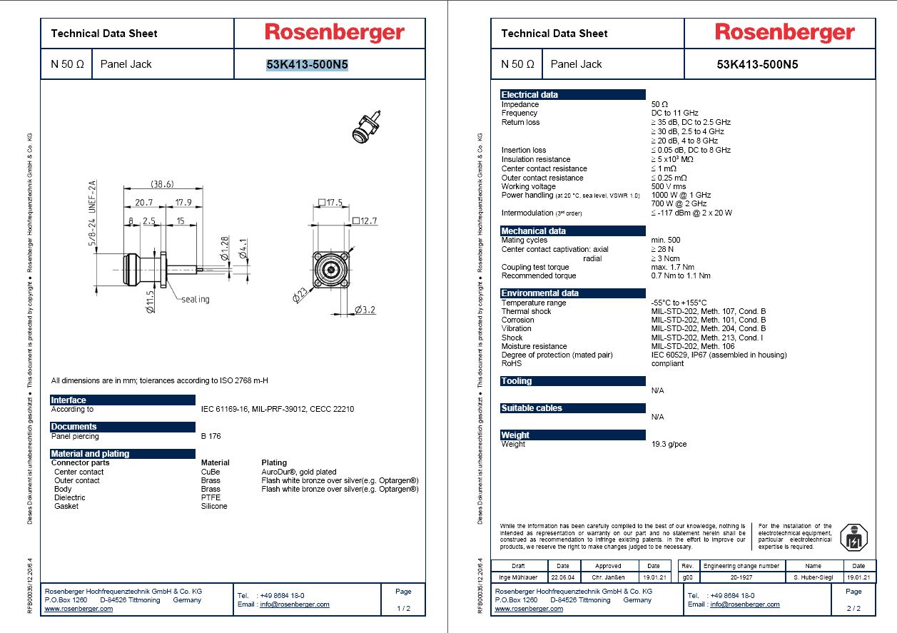 Rosenberger N型11 GHz同轴17.5毫米4孔法兰连接器